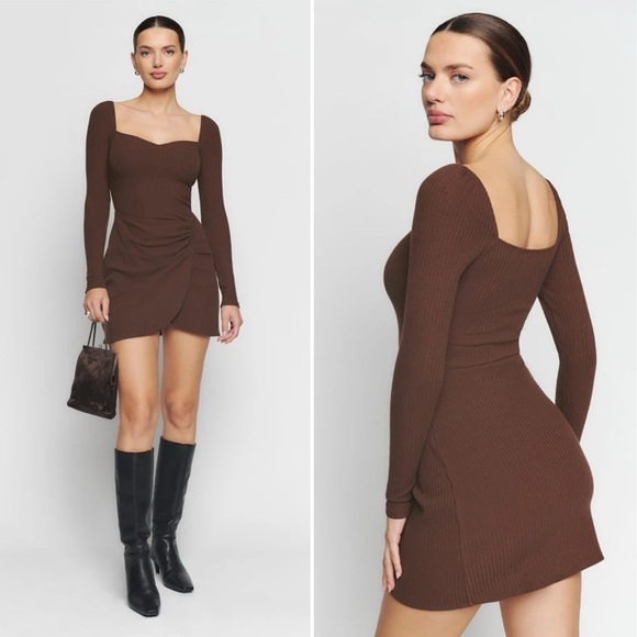 Reformation Cleona Knit Brown Ribbed Mini Wrap Dress Size Large